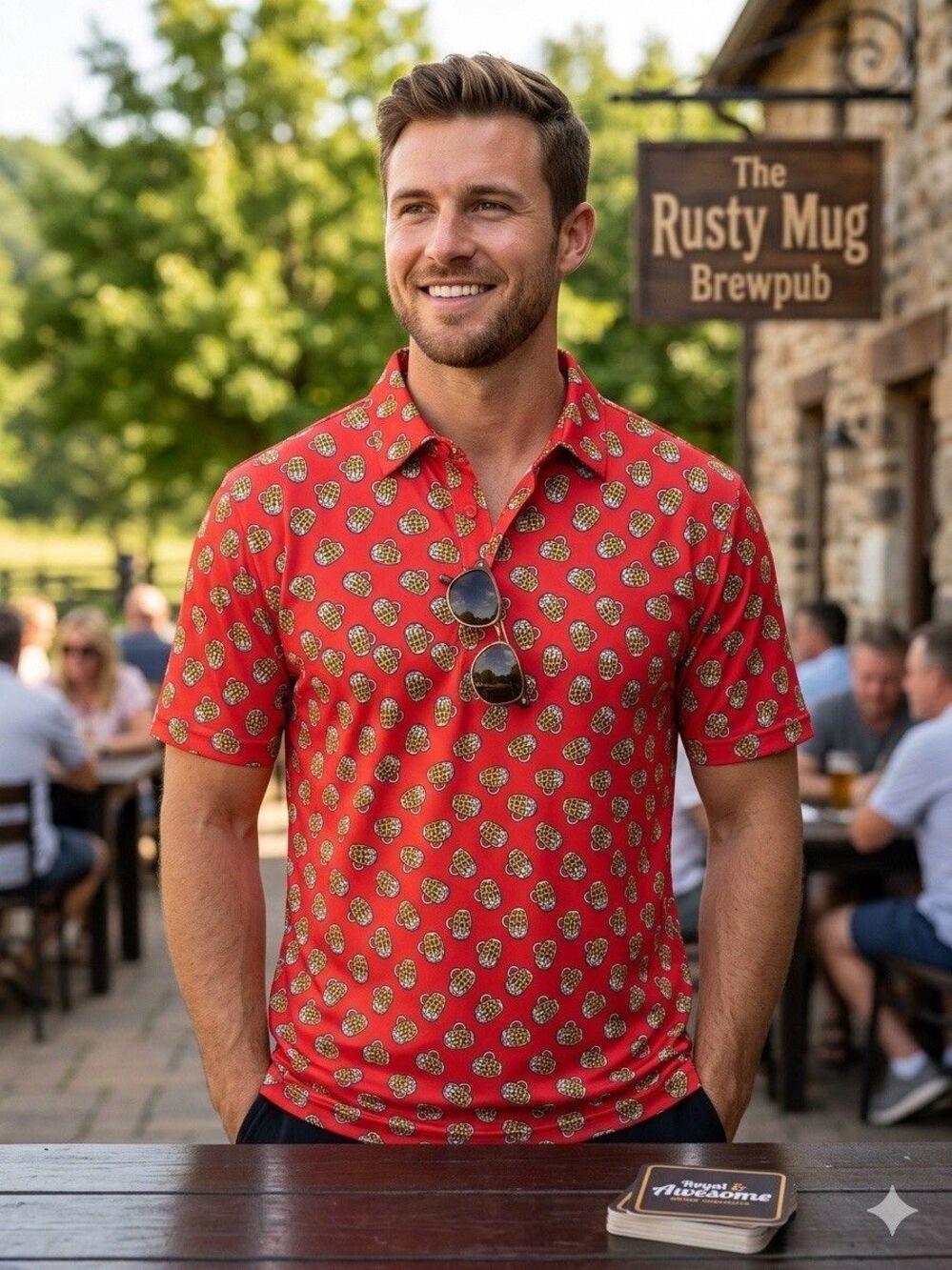 Royal & Awesome Golf Polo Shirt Mens XL Cheers Beer Red Novelty Bar Frat Party